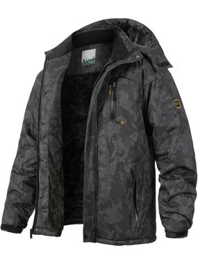 🆕 Trekek Men Black Camouflage Fleece Lined Waterproof Hooded Outdoor Ski Jacket